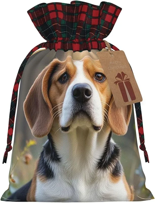 Marke: PAQOLSMCKR Weihnachtsgeschenktasche, niedlicher Beagle-Hund, Weihnachtstüten für Weihnachten, Partyzubehör, Kordelzugbeutel, Süßigkeitensack, Geschenktüten für Geschenke, Party — Geschenkverpackung