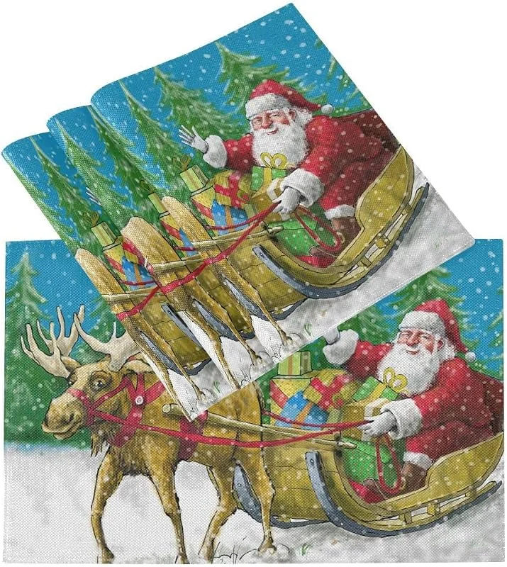 Marke: HMZXZ Tischsets Abwaschbar 4er Set Fröhliche Weihnachten Weihnachtsmann Elch, Abwaschbar Platzsets Hitzebeständig Tischmatten für küche Speisetisch Hotel, Platz-Matten 45, 7 x 30, 5 cm — Küche & Haushalt