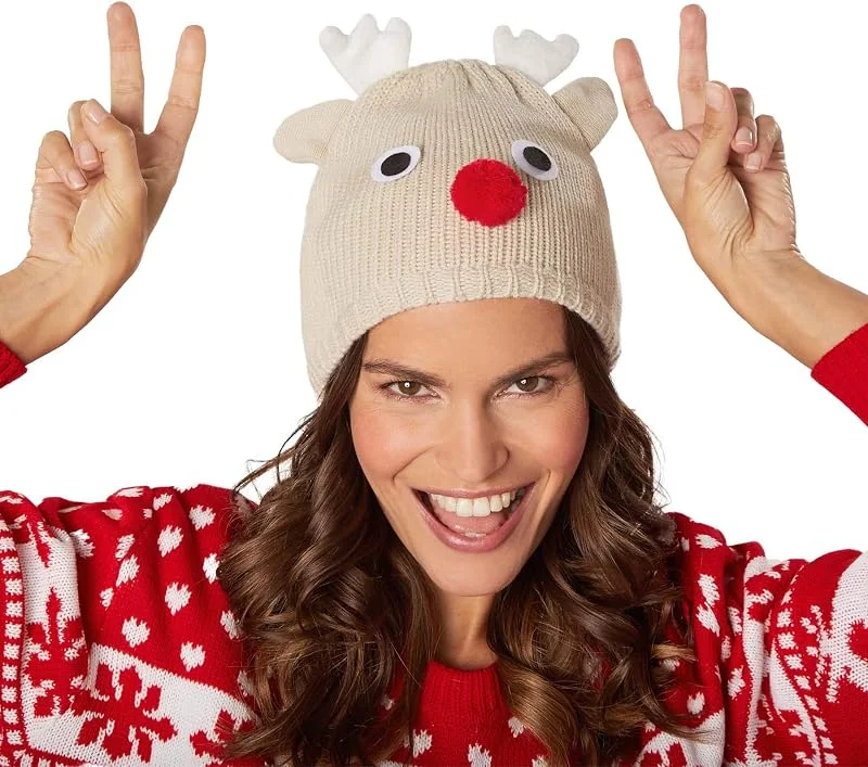 Marke: dressforfun dressforfun Weihnachtsmütze Strickmütze Rentier mit roter Nase, Geweih und Ohren, beige — Weihnachtsmode