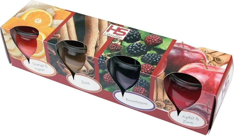 Marke: HS Candle Duftkerzen im Glas, 4 Stück, süß & winterlich, für Weihnachten — Kerzenlicht Abendessen