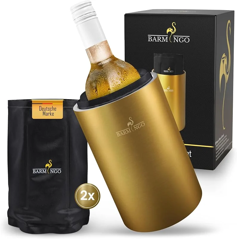 Besuche den BARMINGO-Store Weinkühler Edelstahl mit Kühlakkus – Getränkekühler & Flaschenkühler für Wein, Sekt, Champagner, Sektkühler doppelwandig mit Kühlmanschetten, Wine Cooler, Wein Kühler, Gold — Wein und Festtafel