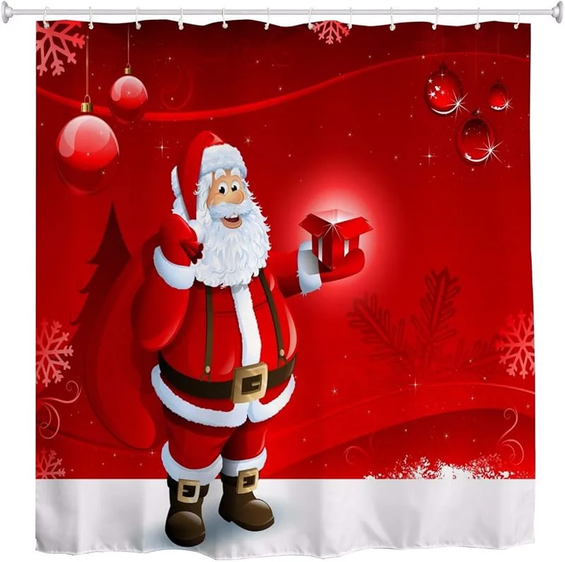 Marke: A.Monamour A.Monamour Duschvorhang Weihnachtsmann Hält Eine Geschenkbox Weihnachten Urlaub Dekore Roten Hintergrund Drucken Wasserdichtes Polyester Stoff Duschvorhang Set Mit Haken Für Badezimmer 150x180 cm — Geschenkverpackung