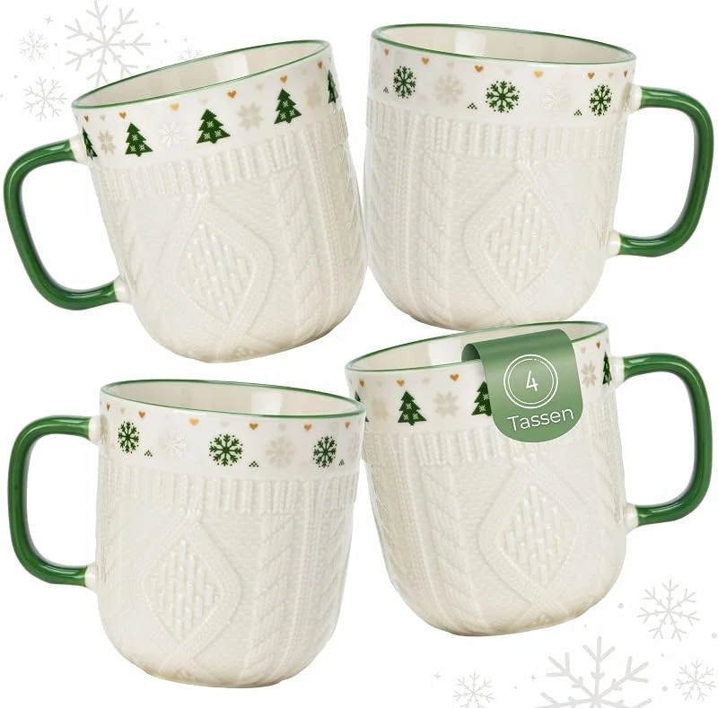 Besuche den matches21 HOME & HOBBY-Store Schönes Weihnachtstassen 4er Set - Große 350 ml Kaffee-Tassen mit Hygge Strick-Muster Weihnachtsmotiven — Advent und Tisch