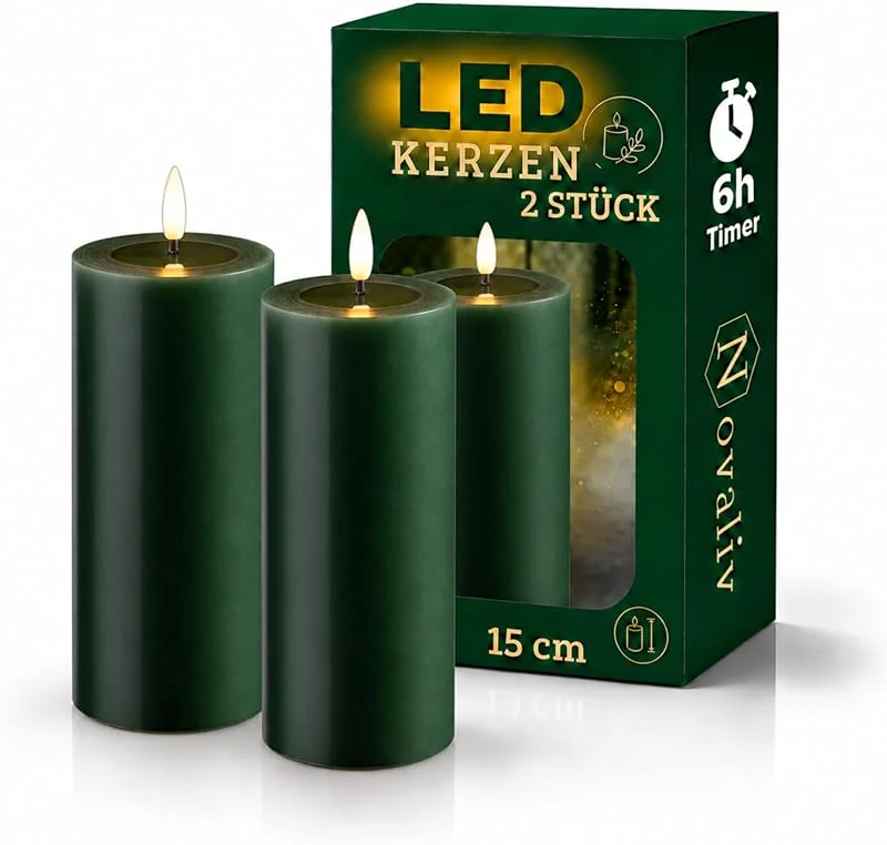 Besuche den Novaliv-Store Novaliv 2er Set LED Stumpenkerzen groß grün Echtwachskerze mit beweglicher Flamme flackernd - Timerfunktion für 6 Stunden warmweißes Licht 7, 5cm ø 15cm Höhe - 2 AA Batterien nötig Echtwachspiegel — Kerzenlicht Abendessen