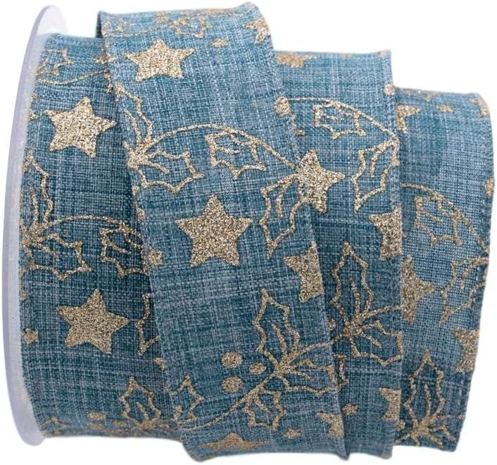 Marke: Christa-Bänder Weihnachtsband Sternenwald blau 40mm mit Draht — Geschenkverpackung