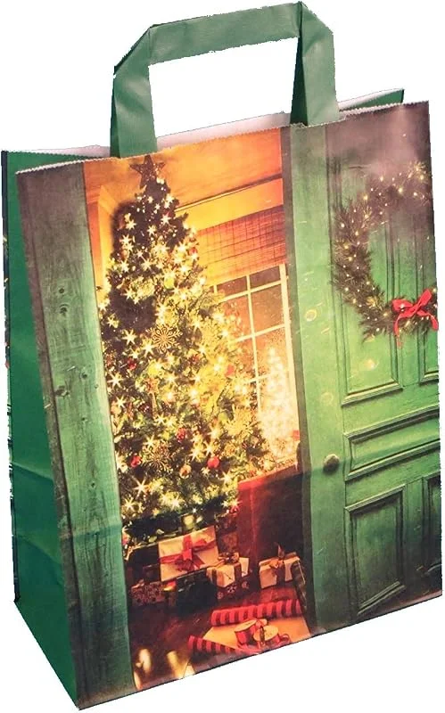 Marke: Pro DP 250 Papiertragetaschen Weihnachtstragetaschen Papiertüten Weihnachten Weihnachtsmotiv "Weihnachtsstube" Weihnachtsbaum mit Flachhenkel weiß 90g, qm 22+10x28cm — Geschenkverpackung