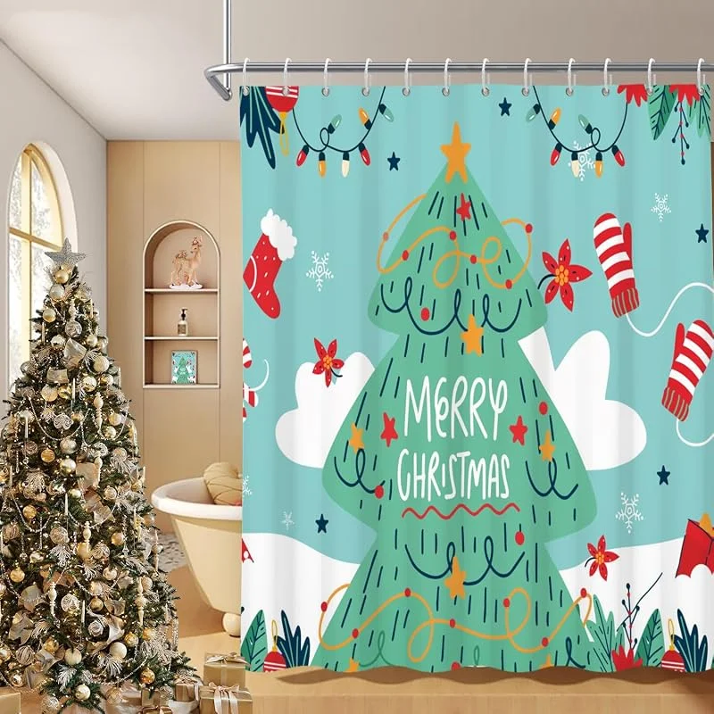Marke: Caaerttply Weihnachts-Duschvorhang, 72 x 72 cm, Cartoon-Grün, Weihnachtsbaum, Weihnachtsstrumpf, Winterurlaub-Dekorationen, Duschvorhang-Set mit Haken für Zuhause, Badezimmer, Dekoration, wasserdicht — Weihnachtsdeko