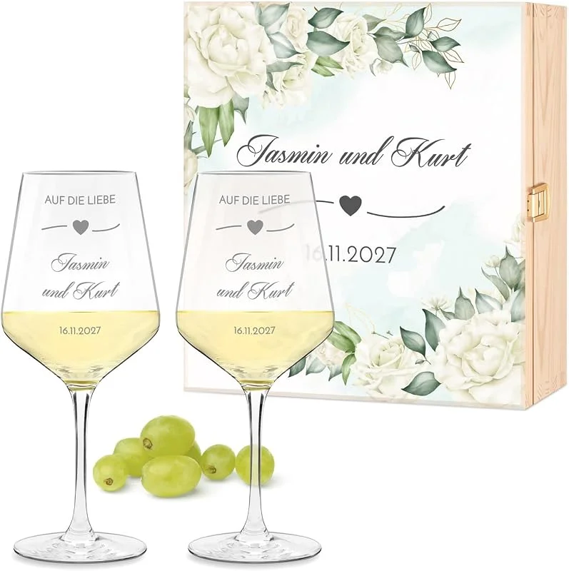 Besuche den Maverton-Store Maverton 2er Weingläser Set mit Gravur in Holzkiste, 490 ml Wein Gläser Set — Wein und Festtafel