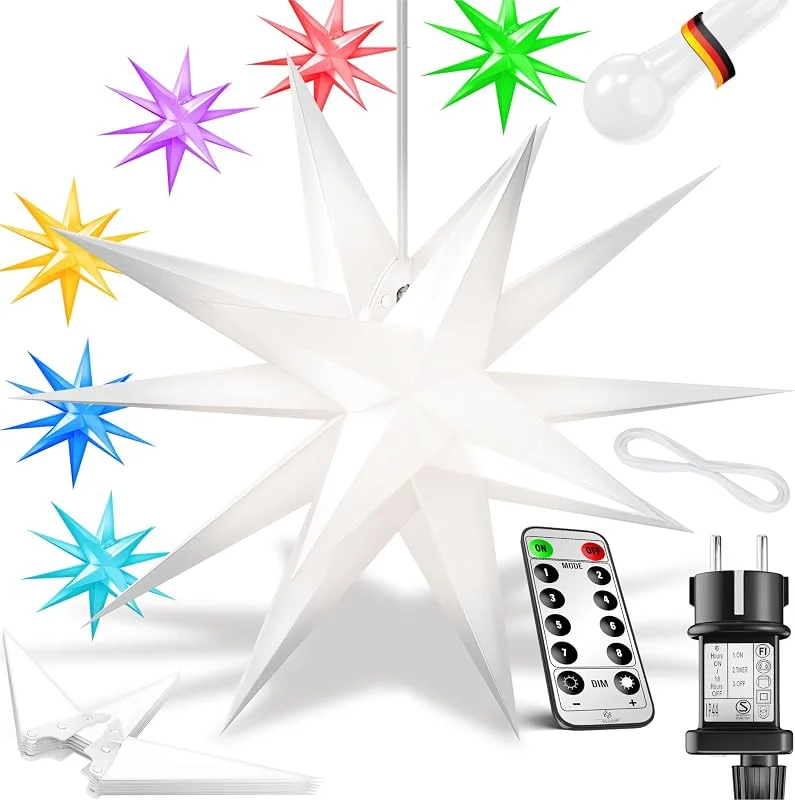 Besuche den KESSER-Store KESSER® 45cm Leuchtstern 3D, LED Weihnachtsstern mit Fernbedienung Farbwechselmodus Timer für innen und außen, Adventsstern Beleuchtet hängend Bunt Stern + Warmweiß Licht — Weihnachtsdeko