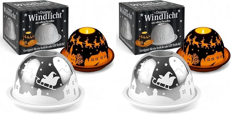 Marke: MIJOMA MIJOMA Windlicht Dome Silber Santa-Schlitten, Porzellan Teelichthalter 12 cm, Weihnachtsdeko mit 3D-Lichtspiel, Wintermotiv, stilvoll & festlich für Advent & Weihnachten (Packung mit 2) — Advent und Tisch