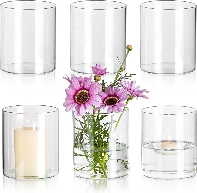 Besuche den Glasseam-Store Glasseam Zylindervasen für Tafelaufsätze, Set mit 6 transparenten Glasvasen für Blumen, Moderne kleine schwimmende Kerzenvase, Dekoration, Tischdekorationen, 10.2 cm — Kerzenlicht Abendessen