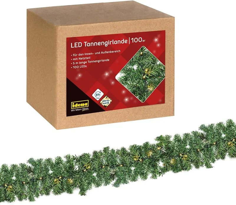 Besuche den Idena-Store Idena 31870 - LED Tannengirlande mit 100 LEDs in Warmweiß, mit 8 Stunden Timer Funktion und Netzteil, ca. 5 m lang, Deko für Innen & Außen, zum Basteln, als Party Deko, Advents- und Weihnachtsdeko