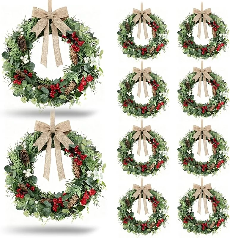 Marke: YLOLUL 8 Stück Weihnachtskerzenringe, Mini-Kranz, Tannengirlande, künstlicher Eukalyptus und schneebedeckte Zeder, hängende Kerzenringe, Halter mit roten Beeren, Tannenzapfen für Tisch, Tafelaufsatz, Tür — Weihnachtsdeko