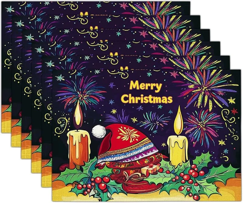 Marke: GDJSMIN Mode Dunkelviolett Stechpalmen- Mistel- Und Kerzenelemente Weihnachten Platzsets 2er Set, 30x45cm Winter Tischset Waschbar Platzdeckchen Küche Party Deko — Küche & Haushalt