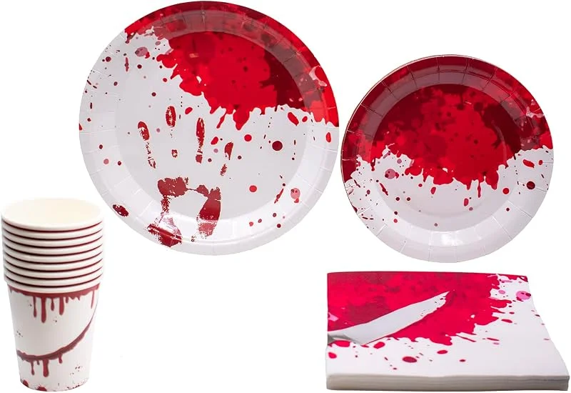 Marke: Stephanie Imports Blutiges Halloween-Geschirrpack: Einweg-Pappteller, Servietten und Becher Set für 20 — Advent und Tisch