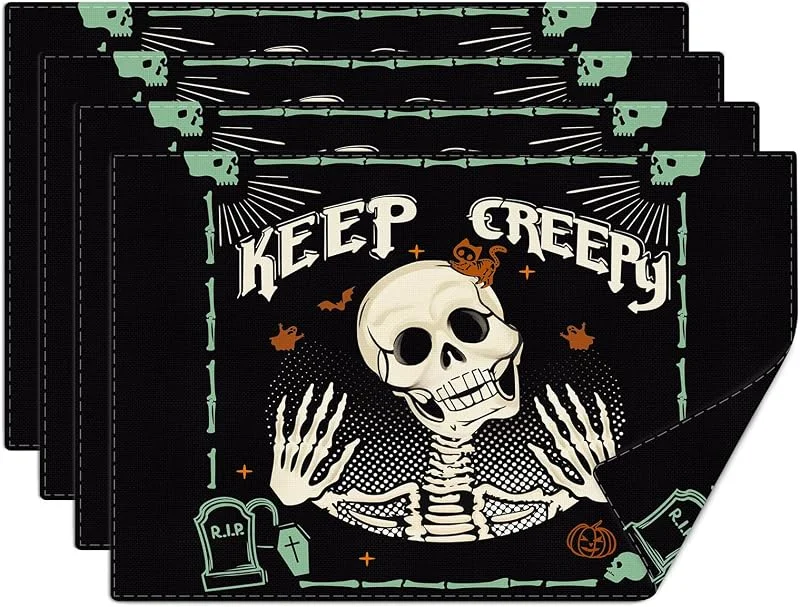 Besuche den comfoyar-Store comfoyar Halloween Totenkopf Rechteckig Platzsets 4er Set, Leinen Vintage Rahmen Tischsets mit Grabstein, Waschbare Platzdeckchen für Küche, Esszimmer, Partytisch Dekoration 30x45cm — Küche & Haushalt