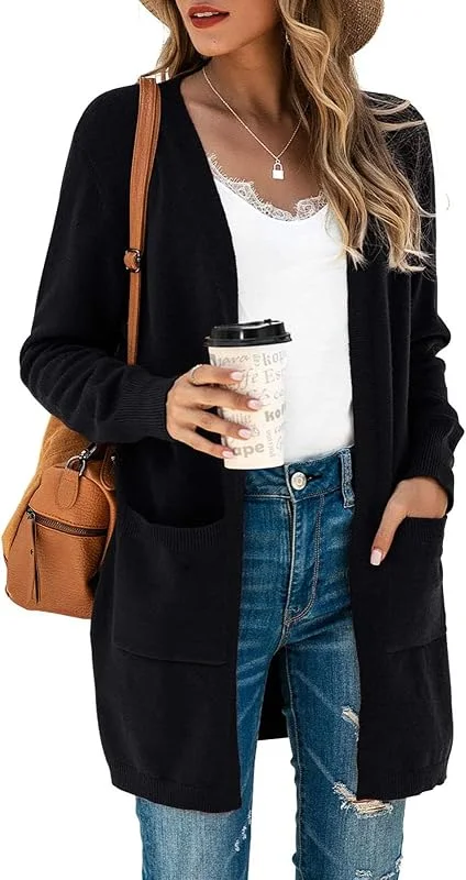 Besuche den Saodimallsu-Store Saodimallsu Strickjacke Damen Lang Leicht Cardigan Langarm Open Front Strickpullover Einfarbig Freizeit Strickmantel Outerwear mit Tasche — Weihnachtsmode