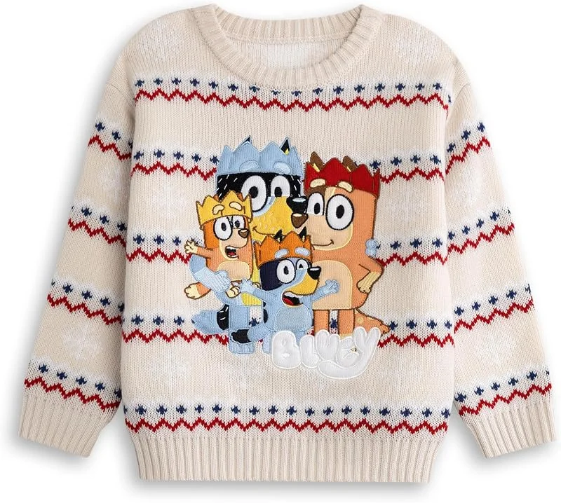Besuche den BlueY-Store BlueY Weihnachtspullover für Kinder (Unisex) mit Heeler-Motiven in Creme, Bingo, Bandit und Chilli, Klassischer Langarm-Rundhalsausschnitt, Festliche Weihnachtskleidung für Kinder — Weihnachtsmode