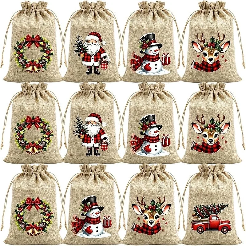 Marke: Stakee 12er-Packung Weihnachtsbeutel Kordelzug, Leinenbeutel Weihnachtsmannmotiven, Geschenktüten Für Weihnachts- Und Silvesterpartys — Geschenkverpackung