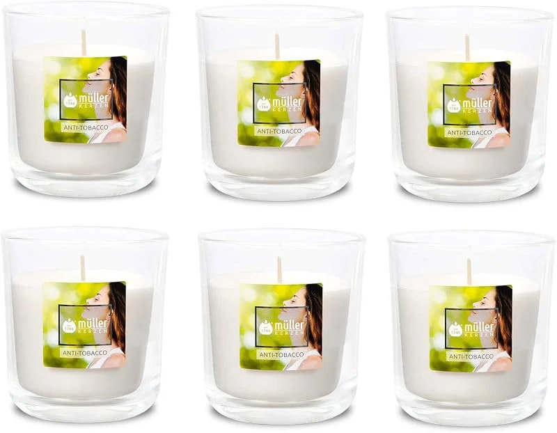 Marke: Gebr. Müller Kerzenfabrik AG Duft-Kerzenglas 65, 70 mm Set 6 Stk. Duftglas Duftkerze Duftkerzen-Glas Teelichter Duftlichter Anti Tabacco — Kerzenlicht Abendessen