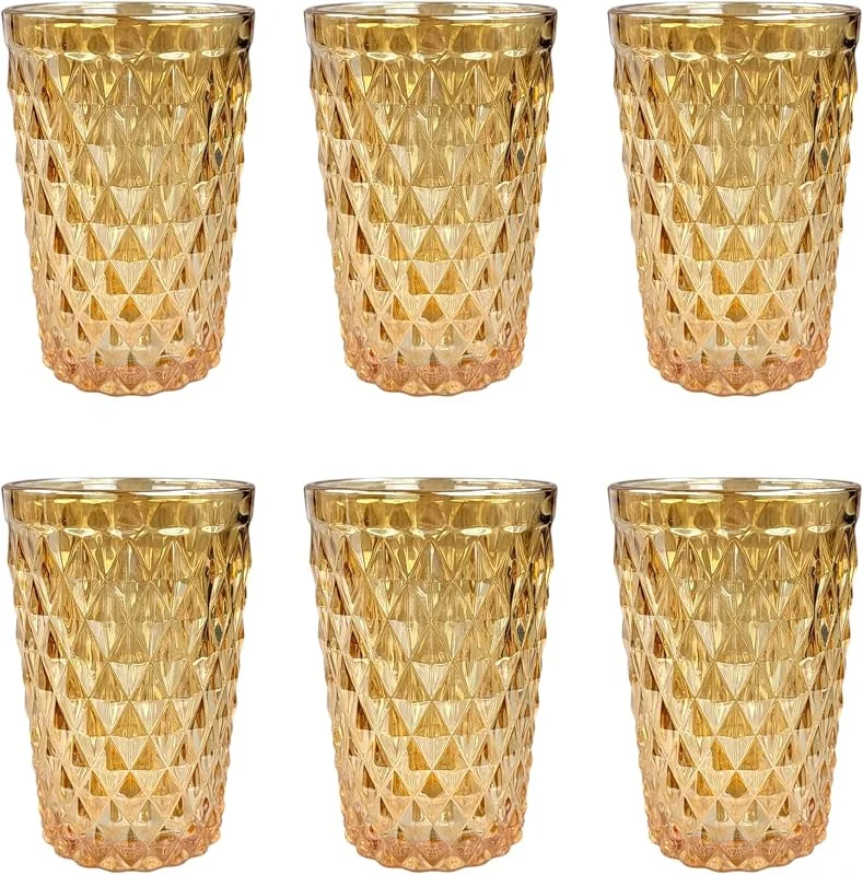 Besuche den GMMH-Store Vintage 6er-Set Farbige Weingläser und Trinkgläser mit Diamant Muster (Netz Gold-Glanz Trinkglas), Longdrinkgläser, Cocktail Gläser mit Prägung, Glas, Trinkglas, Weinglas, Wasserglas, Glaskelche — Wein und Festtafel