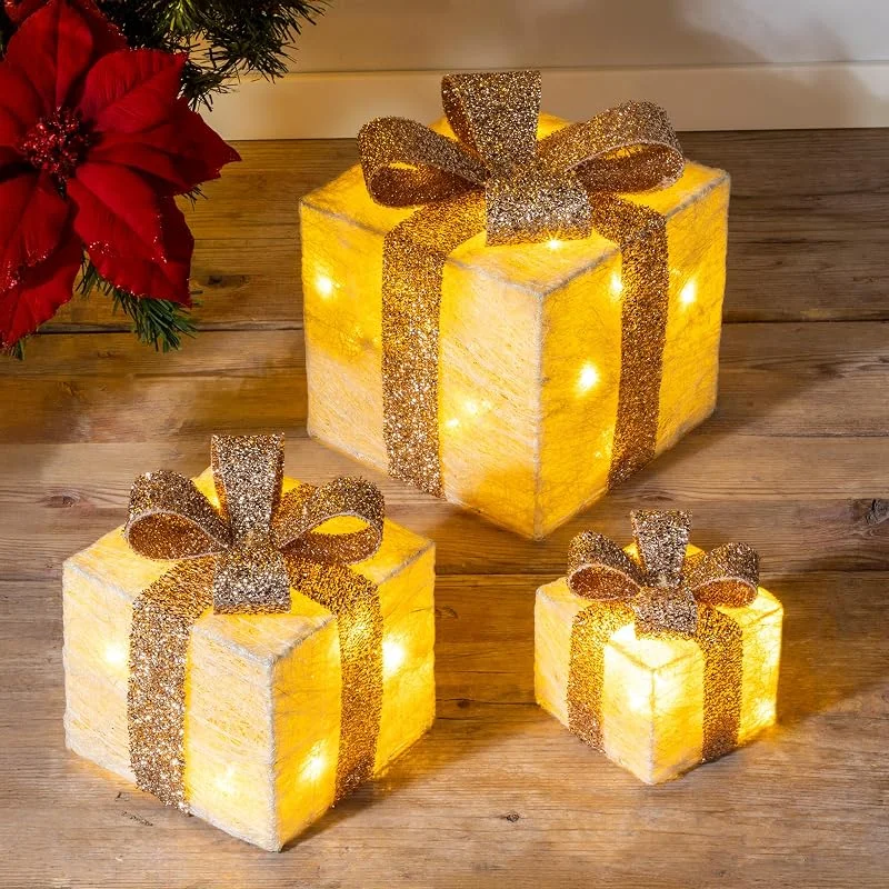 Besuche den Spetebo-Store LED Geschenkboxen mit Timer 3er Set - Creme - Weihnachts Dekoboxen warm weiß beleuchtet - Weihnachten Advent Winter Christbaum Deko Beleuchtung Batterie betrieben — Geschenkverpackung