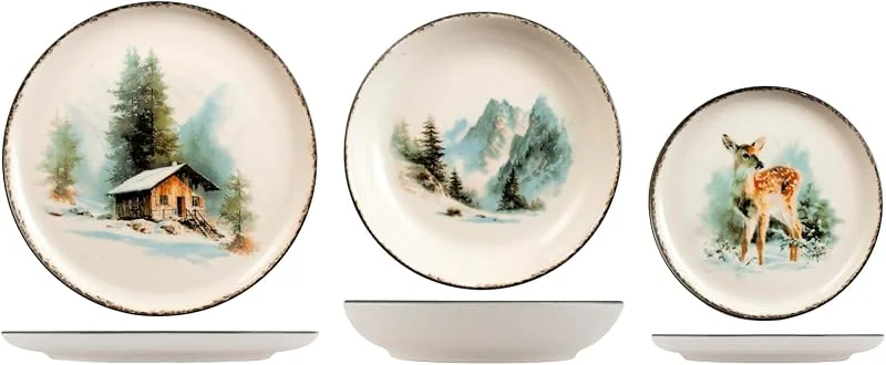 Marke: H&H H&H Nordic Crystal Peak Tafelservice 18-teilig aus Stoneware, 6 Speiseteller 26 cm, 6 Tiefenteller 20, 5 cm, 6 Dessertteller 20 cm, Bergmotiv mit Hirsch, winterliches Tafelservice — Advent und Tisch