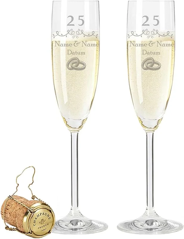 Besuche den GRAVURZEILE-Store GRAVURZEILE Sektgläser mit Gravur - Silberhochzeit 25 Jahre - Personalisiert mit Namen & Datum - Geschenk für Sie & Ihn zur Hochzeit Verlobung Jahrestag — Wein und Festtafel