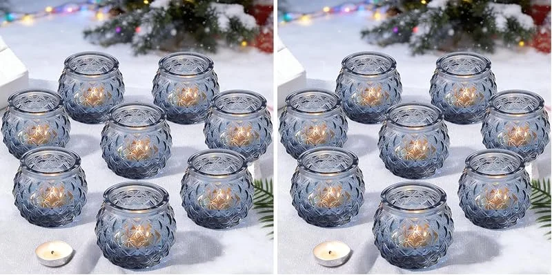 Marke: Jinavoty 12Pcs Glas Teelicht Kerzenhalter, blau Votivkerze Halter Teelichthalter für Tisch Tafel Tafelaufsatz Hochzeit Home Decoration (Blau) (Packung mit 2) — Kerzenlicht Abendessen