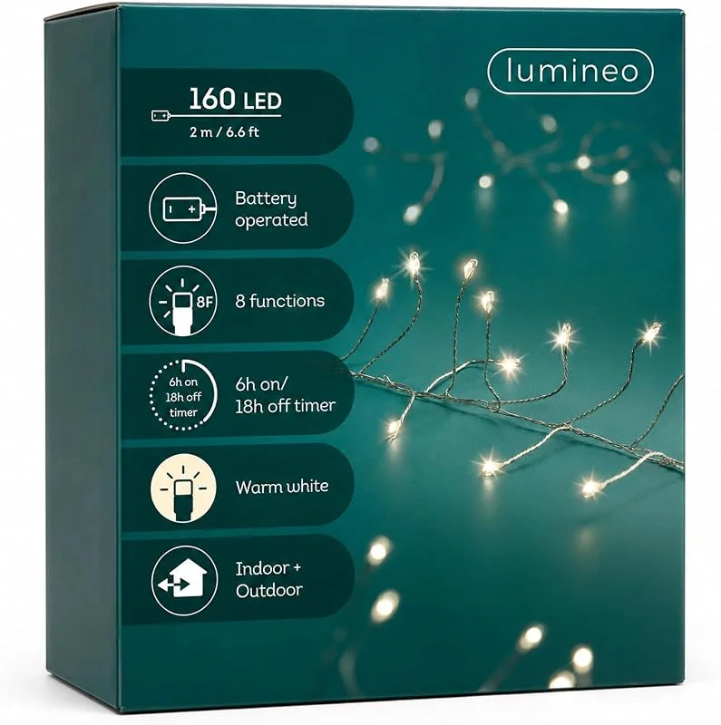 Marke: Lumineo LED Draht Lichterkette 2m Batterie 160 Micro-LEDs Warmweiß, Silber — Weihnachtsbeleuchtung