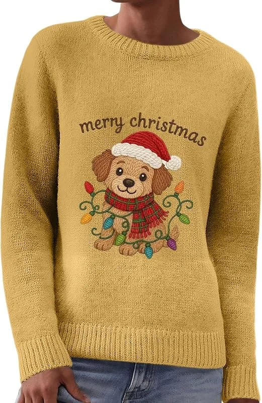 Marke: Yowablo Damen Weihnachtspullover Hund Lichterkette — Weihnachtsmode