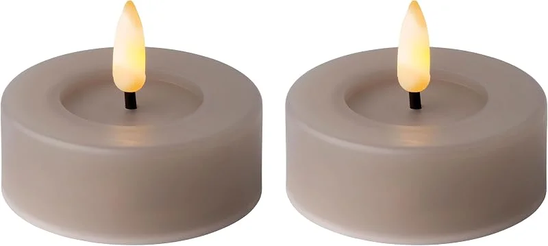 Marke: Lumineo LED Teelichter mit Timer 6, 5x5cm 2 Stück - Outdoorkerzen batteriebetrieben mit 6 Stunden Timerfunktion - Flammenlose Kerzen als Outdoor Tischkerzen Dekokerzen Teelicht Kunstkerzen - Grau Warmweiß — Kerzenlicht Abendessen