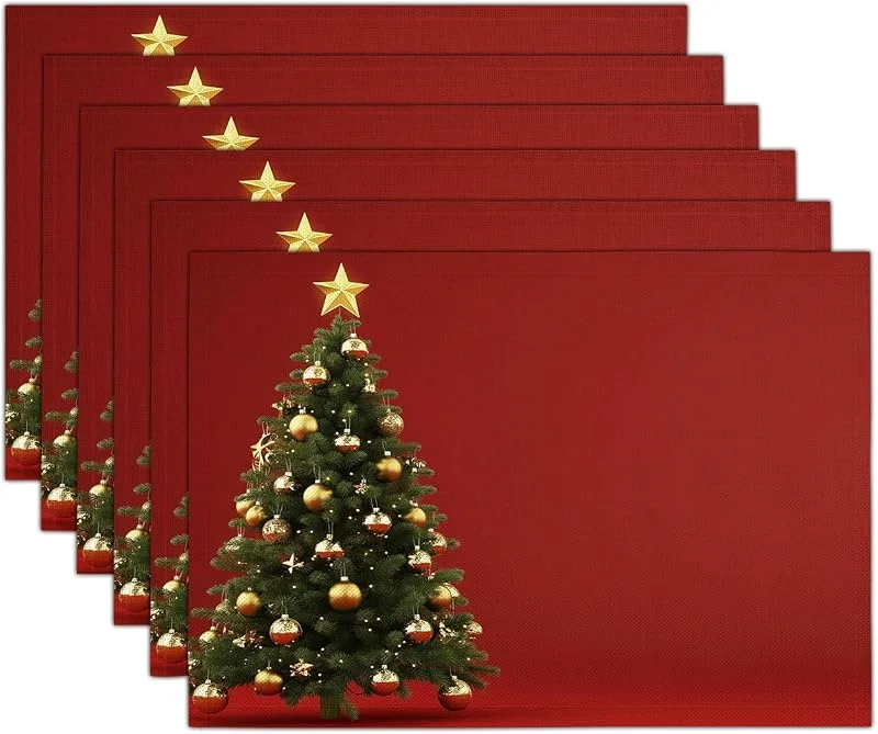 Marke: GDJSMIN Mode Dunkelrot Goldene Dekokugeln Weihnachtsbaummuster Weihnachten Platzsets 2er Set, 30x45cm Winter Tischset Waschbar Platzdeckchen Küche Party Deko — Küche & Haushalt