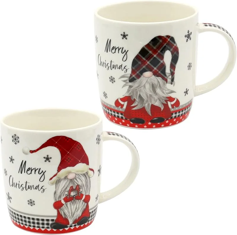 Besuche den Dekohelden24-Store Dekohelden24 Porzellan Weihnachts-Tassen -Merry Christmas Wichtel - als 2er Set, L, B, H 8 x 12 x 10 cm, Fassungsvermögen 340 ml. — Advent und Tisch