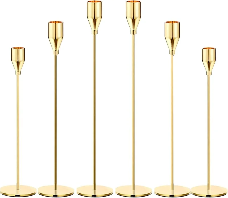 Marke: SHDSL Kerzenhalter, Zitronengeld, 6 Stück, groß, kegelförmig, goldfarben, passend für 1.9 cm Dicke Stumpenkerzen, LED, Moderne Metallkerzen, dekorative Tischdekoration für Dinnerpartys, Dekoration — Kerzenlicht Abendessen