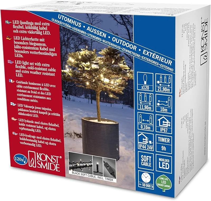 Besuche den Konstsmide-Store Konstsmide Micro LED Lichterkette, mit 9h Timer, schutzisoliert, umgossen, IP67, 120 warm weiße Dioden, 24V Außentrafo, schwarzes Soft-Kabel - 6632-117 — Weihnachtsbeleuchtung