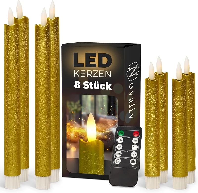 Besuche den Novaliv-Store Sparset Stabkerzen LED mit Timer Klein+Groß GOLD 8 Stück GOLD indoor - 6 Stunden - ECHTWACHS 18cm+23cm Höhe für Kerzen 2, 2cm Durchmesser 2 AAA Batterien notwendig LED Stabkerzen flackernde Flamme — Kerzenlicht Abendessen