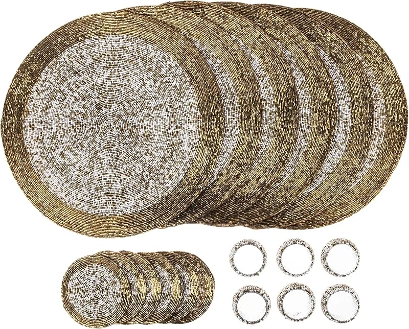 Besuche den Penguin Home-Store Penguin Home® Platzsets, Untersetzer und Serviettenringe mit Glasperlen – Silber und Weiß – runde Tischsets – handgefertigt von erfahrenen indischen Kunsthandwerkern – Durchmesser – 32 cm — Advent und Tisch