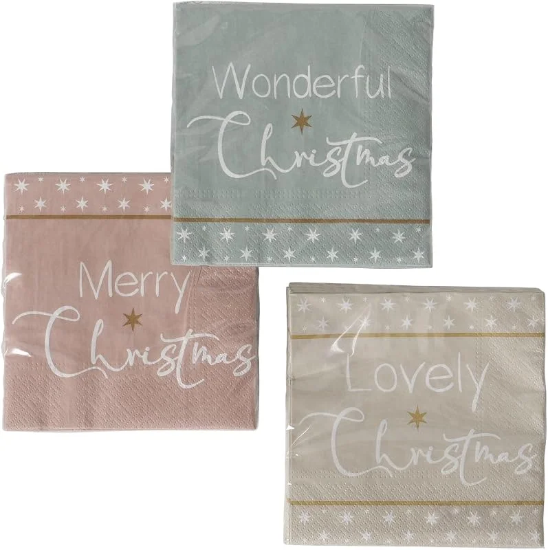 Marke: in due in due 3 x 20 Servietten 'Wonderful Christmas' - 33 x 33 cm, 3-lagig, Grün, Altrosa, Beige — Advent und Tisch