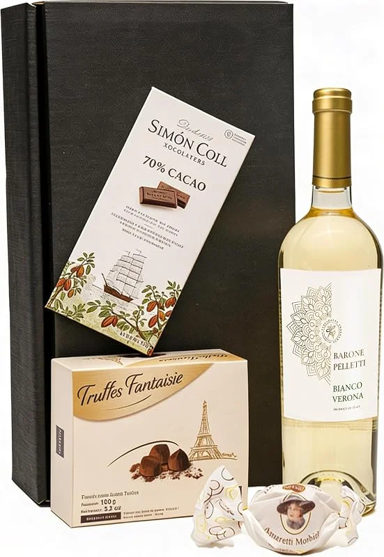 Besuche den FABELHAFTE GESCHENKE-Store Geschenkset Weißwein aus Italien mit Schokoladentrüffeln und dunkler Schokolade, Präsentkorb für Männer & Frauen, zum Geburtstag, Hochzeit Weihnachten — Wein und Festtafel