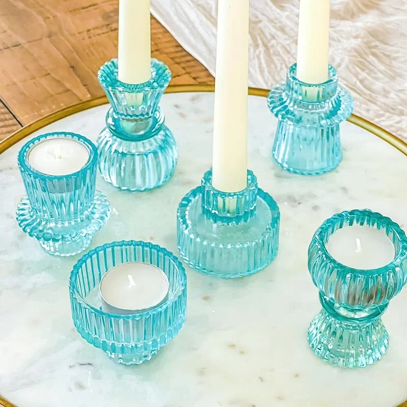 Marke: Kate Aspen Kate Aspen Kerzenhalter im Vintage-Stil, gerippt, Glas, Stumpenkerzen, Teelichthalter und Votivkerzenhalter (6er-Set, 3 Verschiedene Größen), Esstisch- und Regaldekoration, Tafelaufsatz — Kerzenlicht Abendessen