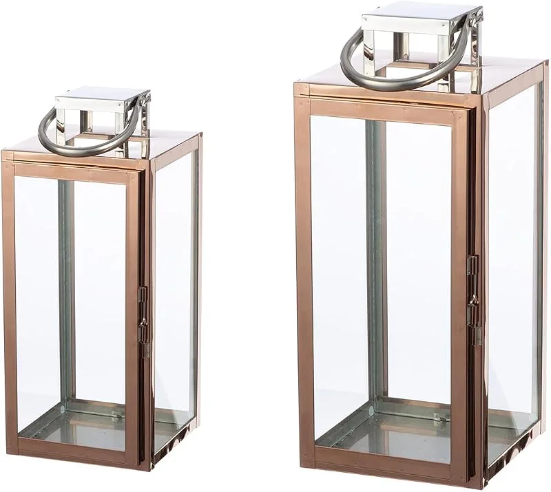 Besuche den Casablanca modernes Design-Store Casablanca 2er Set Laternen Galano aus Edelstahl und Glas - Rosegold - glänzend - Höhe 38cm x Breite 16cm - Kerzenhalter — Kerzenlicht Abendessen