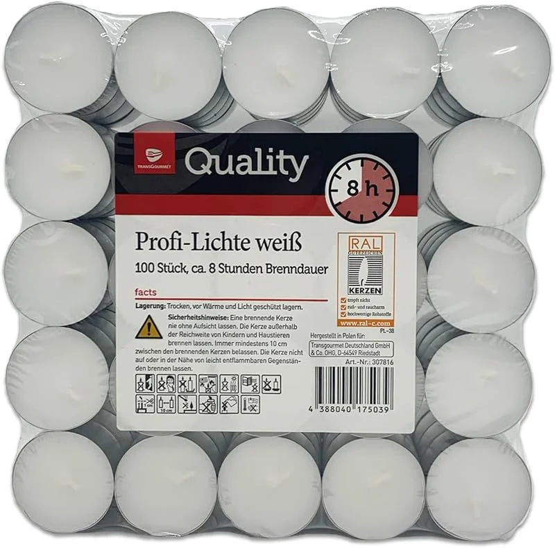 Marke: HLKauf Teelichter Weiß Ohne Duft Großpackung, 4, 6, 8 Std. Auch Maxi (8 Std. Teelichter + 1 HL Kauf Notizblock, 600 Stück) — Kerzenlicht Abendessen