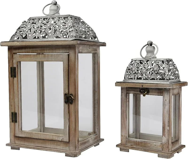 Marke: Decoris Decoris Laternen mit Henkel 23x41cm, 16x29cm Holz Glas Metall 2er Set - zum Aufhängen oder Hinstellen - Windlicht Laternen - Deko Holzlaternen - Kerzenlaternen - Transparent Natur — Kerzenlicht Abendessen
