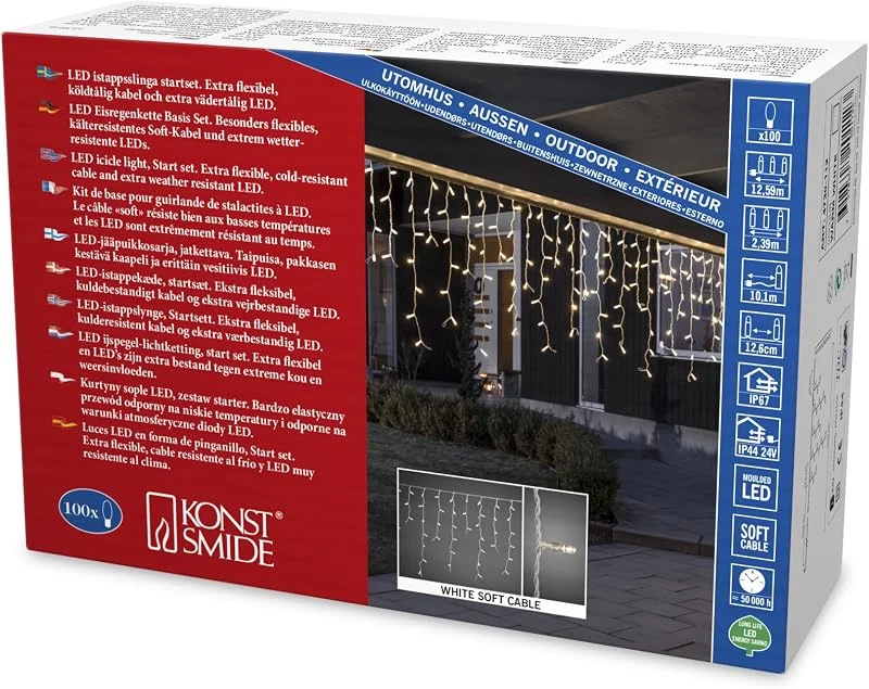 Besuche den Konstsmide-Store Konstsmide Maxi LED kompakt System Basis-Set: Eisregen Lichtervorhang + Transformator, für max. 450 Dioden, 60 m, 100 warm weiße Dioden, 24V Außentrafo, weißes Soft-Kabel - 4720-112 — Weihnachtsbeleuchtung