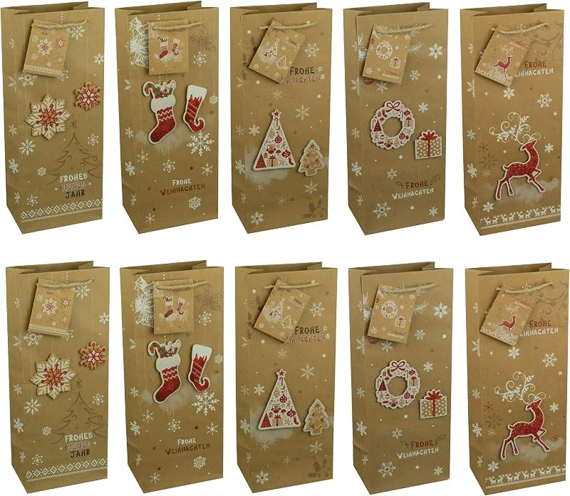 Besuche den HRB-Store HRB Geschenktüten Weihnachten, 10 Flachentüten gross mit 3D Applikationen, stabile Weihnachtstüten der Marke HRB, Abmaße der weihnachtlichen Geschenkverpackung (Flaschentüte, 36x13x9 cm)