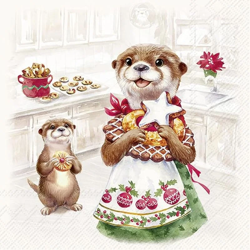 Marke: IHR Ideal Home Range 20 Servietten Weihnachten Otterfamilie beim Backen als Tischdeko. Papierservietten mit Motiv. Auch für Decoupage und Serviettentechnik 33x33cm — Advent und Tisch
