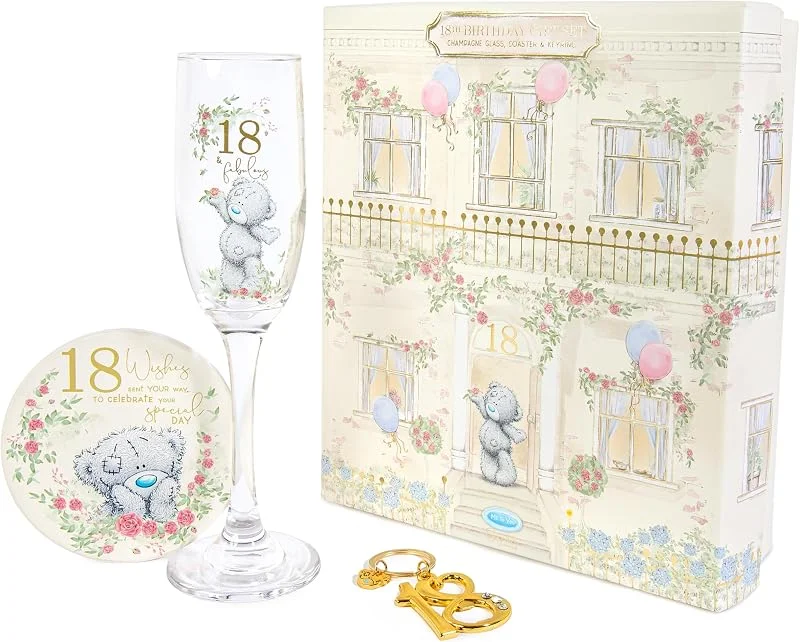 Marke: Me to You Me to You Tatty Teddy Geschenkset zum 18. Geburtstag, inklusive Champagnerglas, Untersetzer und Schlüsselring, Flaschenöffner in luxuriöser Geschenkbox – Signature Collection — Wein und Festtafel