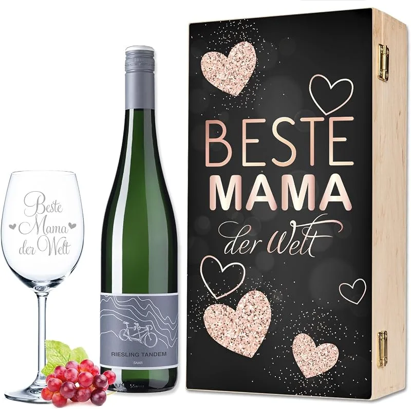 Besuche den GRAVURZEILE-Store GRAVURZEILE Weinglas mit Gravur - Beste Mama der Welt - Geschenkset inkl. Holzkiste & Flasche Wein - Geschenke für die beste Mama zum Muttertag, Geburtstag & Weihnachten — Wein und Festtafel