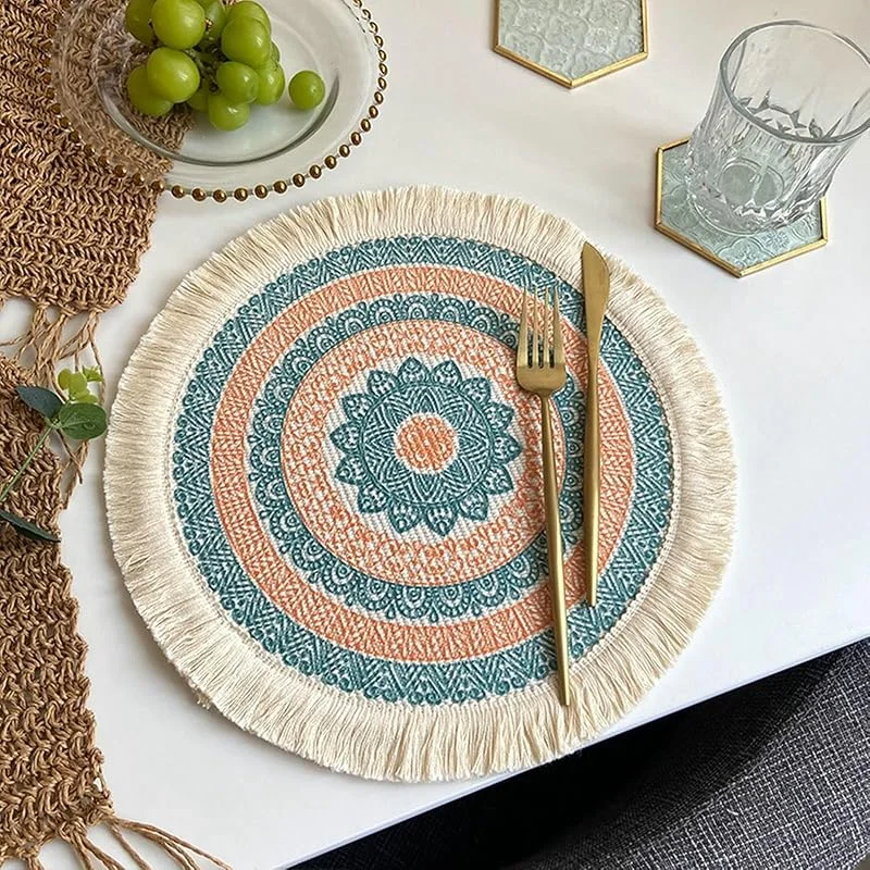 Besuche den Epinki-Store Epinki Tischset rutschfest Abwaschbar Rund, 2er Set 33CM Platzsets Modern Böhmen Anti-Rutsch aus Polyester Baumwolle, Tischuntersetzer Natur Beige Grün für Küche Restaurant Hotel — Küche & Haushalt